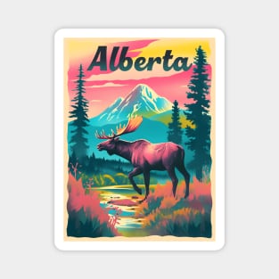 Alberta Canada Moose Mountain Trees Retro Risograph Souvenir Magnet