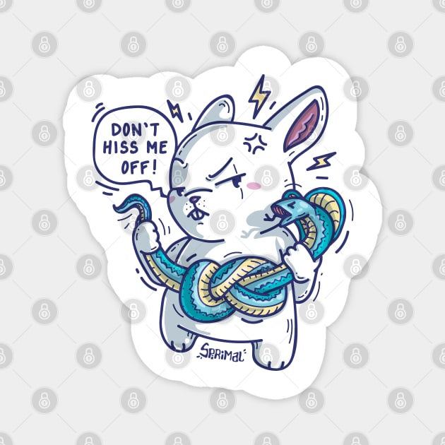 Rabbit with cobra snake saying "Don't hiss me off" funny snake pun Magnet by SPIRIMAL