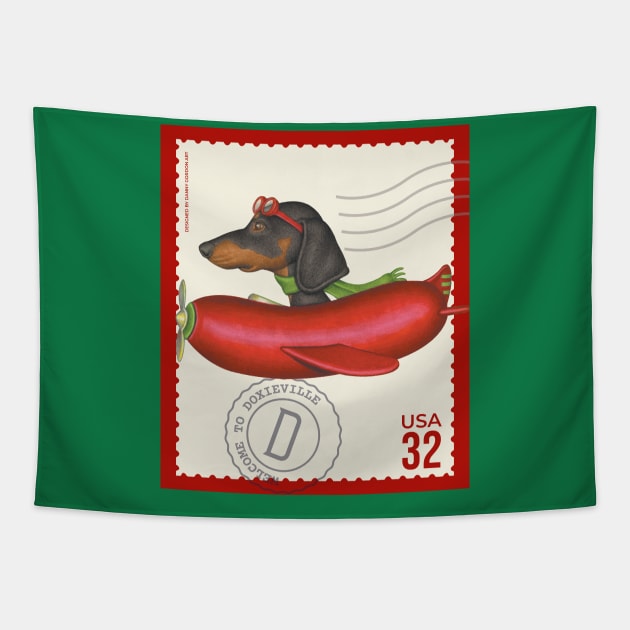 Funny Dachshund Doxie Dog flying a cute hotdog plane Tapestry by Danny Gordon Art