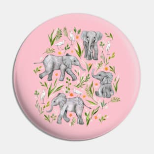 Baby Elephants and Egrets in watercolor - blush pink Pin