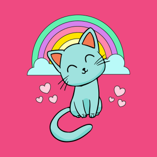 Cute Kitty Cat With Rainbow & Hearts Girls T-Shirt