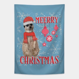 Merry Christmas (Meerry) - Meerkat in Christmas hat & scarf with snowflakes Tapestry