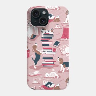 Life is better with books a hot drink and a friend // pattern // pink background brown white and blue beagles and cats and red cozy details Phone Case