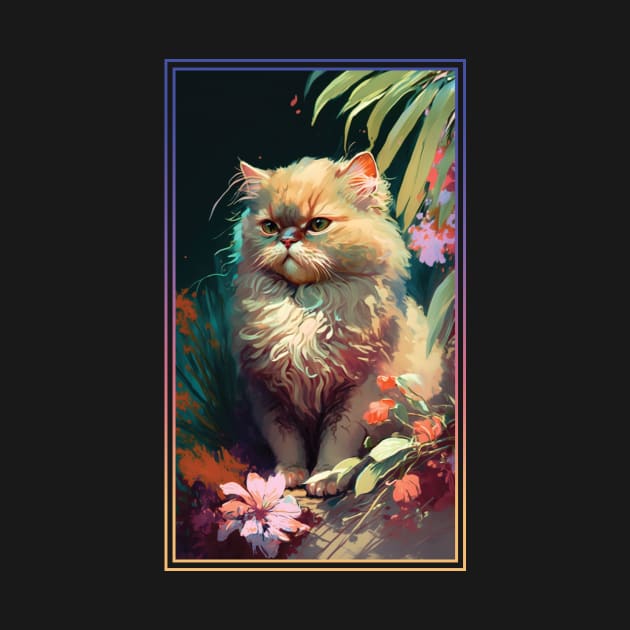 Persian Cat Vibrant Tropical Flower Tall Digital Oil Painting Portrait by ArtHouseFlunky