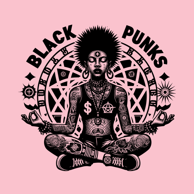 Empower Your Style with Black Punks Tattooed Afro Punk Woman Meditating Tee by Soulphur Media