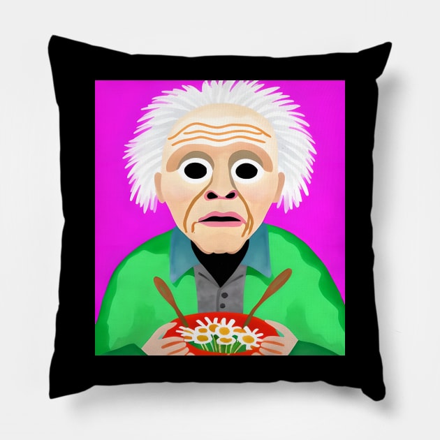 ai generated aging old man eating daisies Pillow by Catbrat