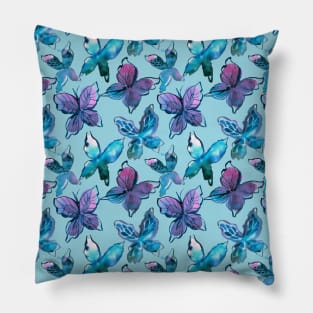 Blue and Purple Butterfly Pattern on Blue Background Pillow