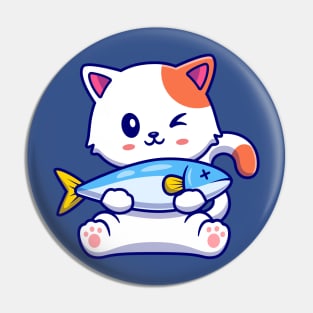 Cute Cat Holding Fish Cartoon Pin