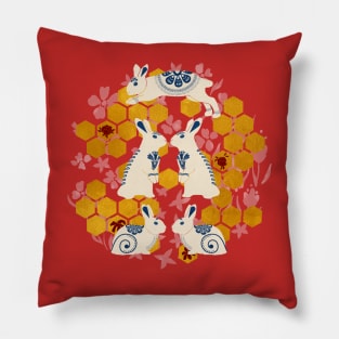 Year of the Rabbit | Porcelain Bunnies and Gold Honeycombs on Red Background Pillow