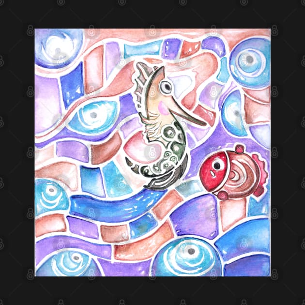 Cute Watercolor Seahorse and Red Fish by Neginmf