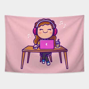 Cute Woman Listening Music On Laptop With Headphone Tapestry