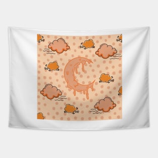 melting crescent moon cloud night orange polka dots Tapestry