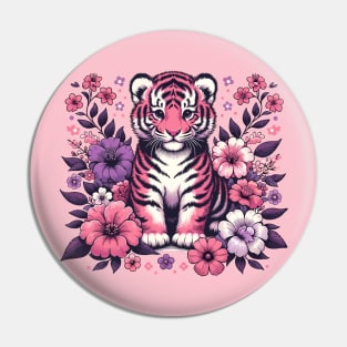 Little pink tiger surrounded by flowers Pin