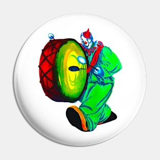 Green clown playing bass drum Pin