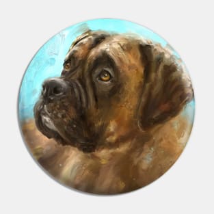 Thick Oil Painting of a Brown Coated Boxer Dog Looking to the Side on Blue Background Pin