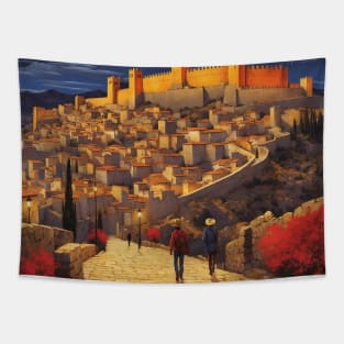 Avila Walls Starry Night Spain Travel Tourism Retro Vintage Tapestry