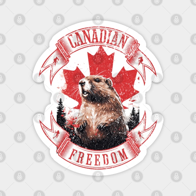 Canadian Freedom Beaver & Maple Leaf Retro Vintage Canada Pride Magnet by WarFX Designs