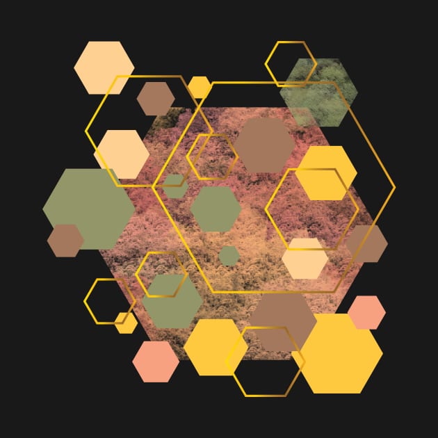 Green, olive, yellow, dusty pink, pink, brown and gold geometric hexagons by LilithDesigns