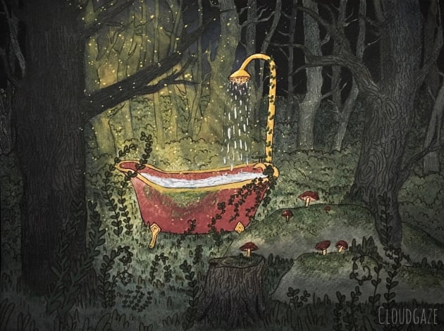 Golden Bathtub in the forest of wonderland Kids T-Shirt by Cloudgazzee