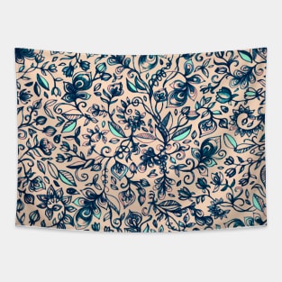 Teal Garden - floral doodle pattern in cream & navy blue Tapestry