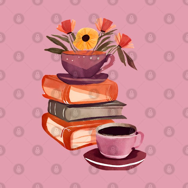 Books Flowers and Coffee Cup, Cute Watercolor by FarmOfCuties