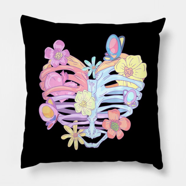 Ribcage pastel goth flowers butterflies Pillow by Tianna Bahringer