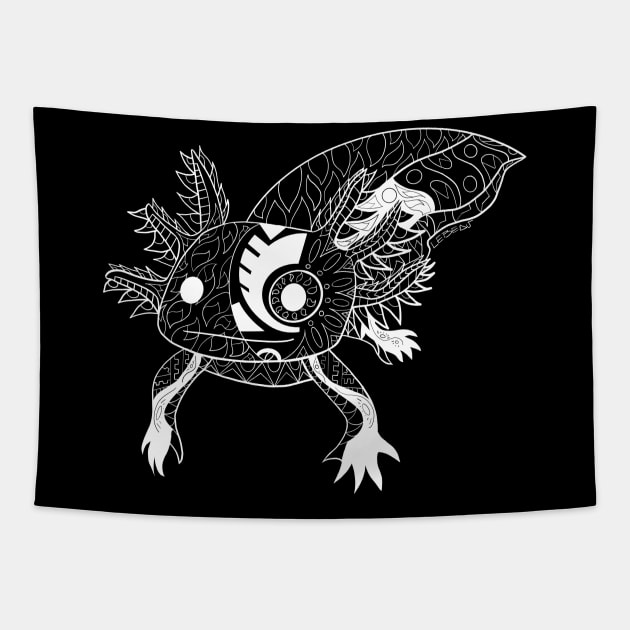 axolotl in black magical glitch in ecopop pattern mandala Tapestry by jorge_lebeau