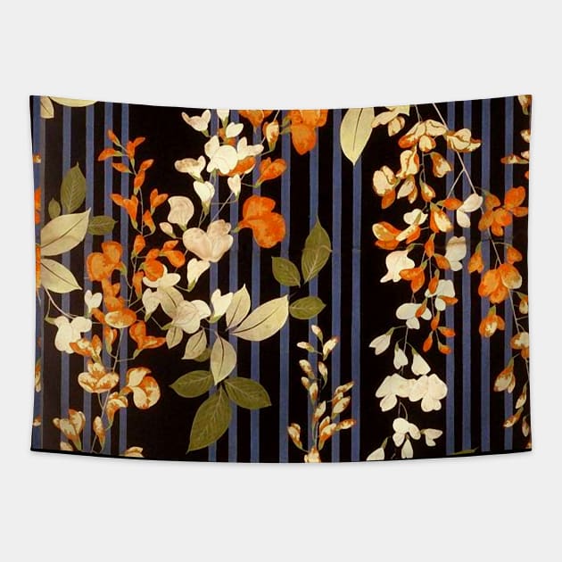 WHITE ORANGE FLOWERS AND BLUE BLACK STRIPES Antique Japanese Floral Tapestry by BulganLumini