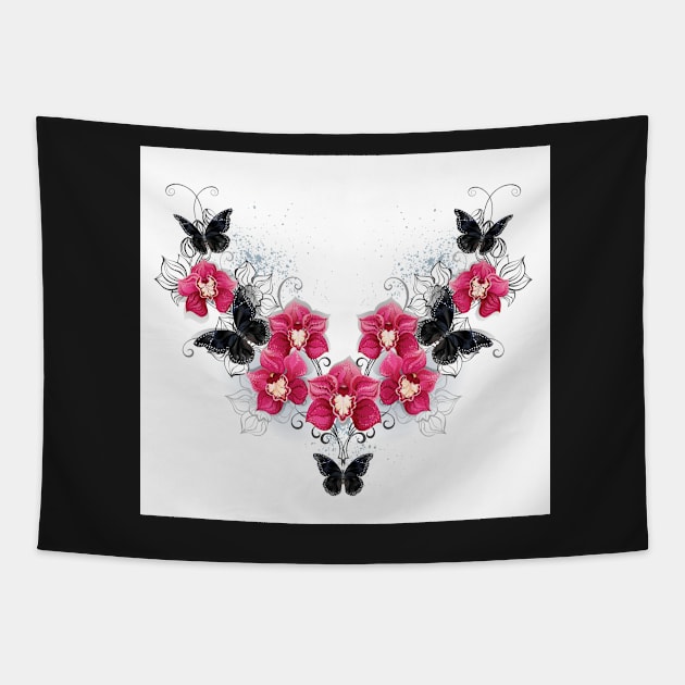 Black orchids and butterflies (with shadows) Tapestry by Blackmoon9