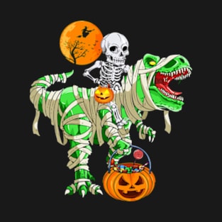 Skeleton Riding Mummy Dinosaur T rex Halloween Funny Pumpkin Gift T-Shirt