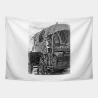 Black And White Sketched Covered Wagon Tapestry