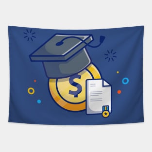 Scholarship, Certificate, Badge, Coin And Graduation Cap cartoon Tapestry