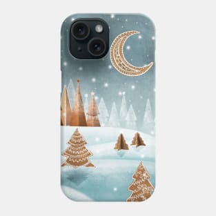 Gingerbread trees snow landscape watercolor illustration. Winter candy world fantasy print. Cookies spruce trees and moon. Sweet Christmas decorations Phone Case