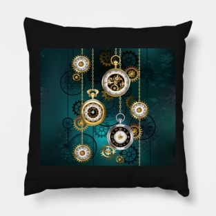 Steampunk Watch with Chains on Green Background Pillow