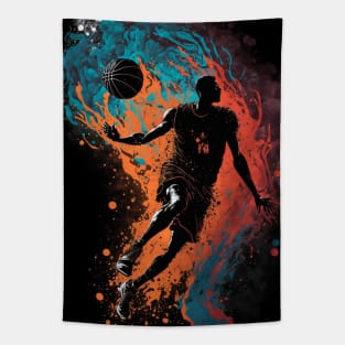 Basketball player leaping towards the hoop Tapestry