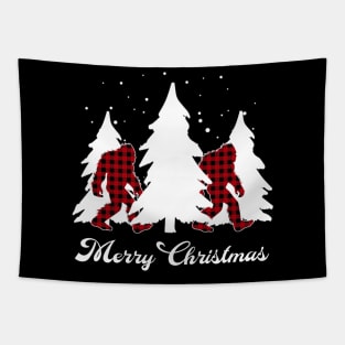 Buffalo Plaid Bigfoot Merry Christmas Tree Xmas Sasquatch Tapestry