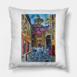 Watercolor Sketch - Genève, Old Town, Rue Chasse-Coq Pillow