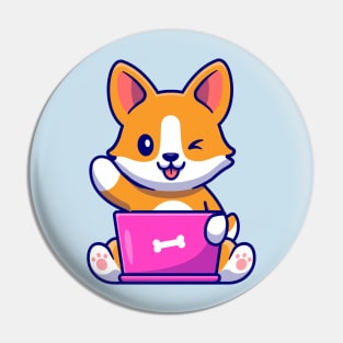 Cute Corgi Dog Working On Laptop Cartoon Pin