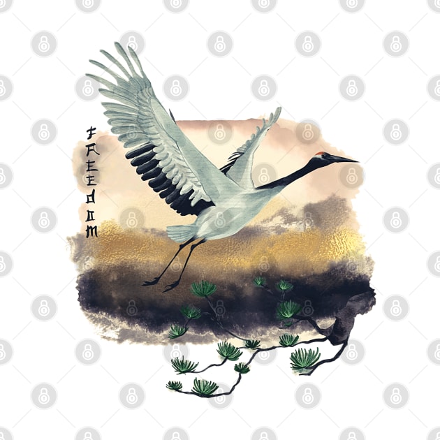 Red Crowned Crane Japanese Art by STYLISH CROWD TEES