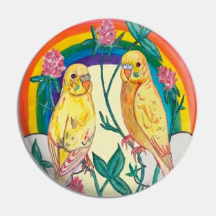 Two colorful parrot budgies with rainbow Pin