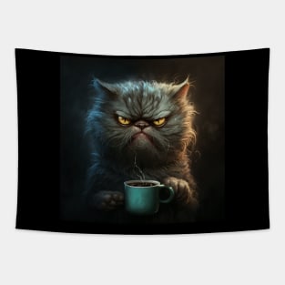 Funny Mean Looking Cat Drinking Coffee, Cat Lover Tapestry