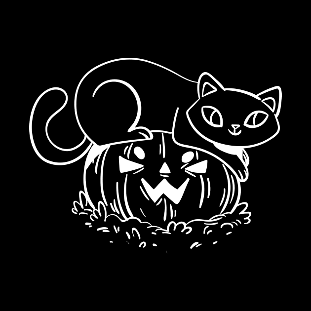 Cat sits casually on a laughing pumpkin by rueckemashirt