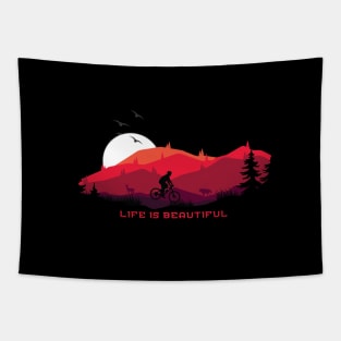 Life is Beautiful Bicycle MTB Cycling Mountain Background Sun and Birds Tapestry