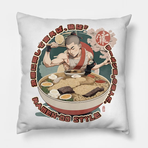 Martial Arts Ramen Noodles Fusion Shaolin Monk Pillow by 8 Fists of Tees