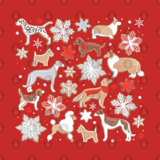 Catching ice and sweetness // spot // white background gingerbread white brown grey and dogs and snowflakes neon red details by SelmaCardoso