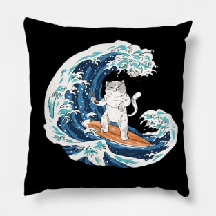 cat surfing, cat surfing, surfs up cat, cat on surfboard, cat riding waves, Pillow