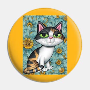 Cute Calico Kitty Cat with yellow and green flowers Pin