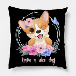 cute little corgi with floral portrait tshirt Pillow