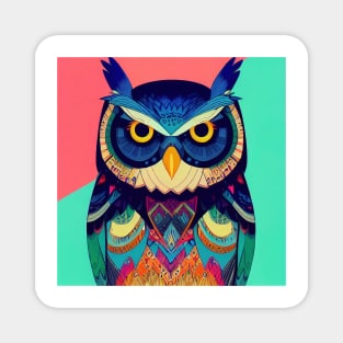 Colorful Owl Portrait Illustration - Bright Vibrant Colors Bohemian Style Feathers Psychedelic Bird Animal Rainbow Colored Art Magnet