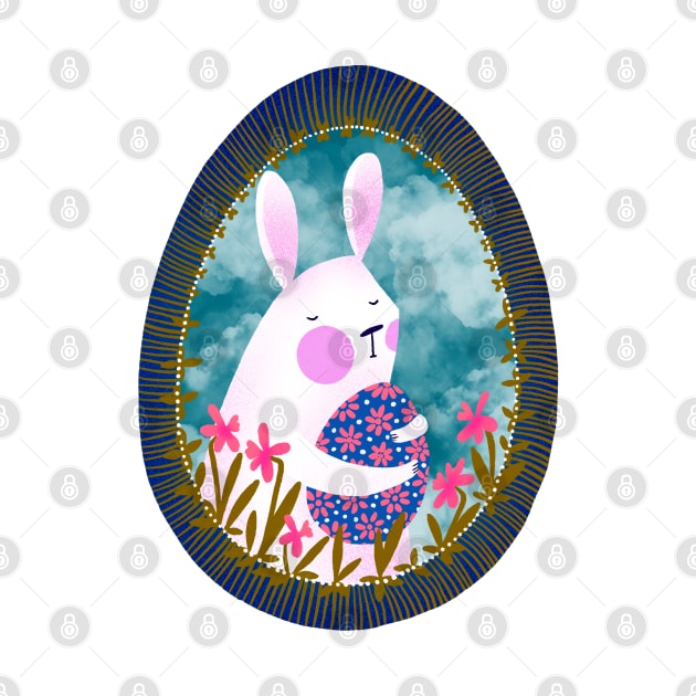 Cute white bunny with floral easter egg decoration on blue sky, version 5 by iulistration